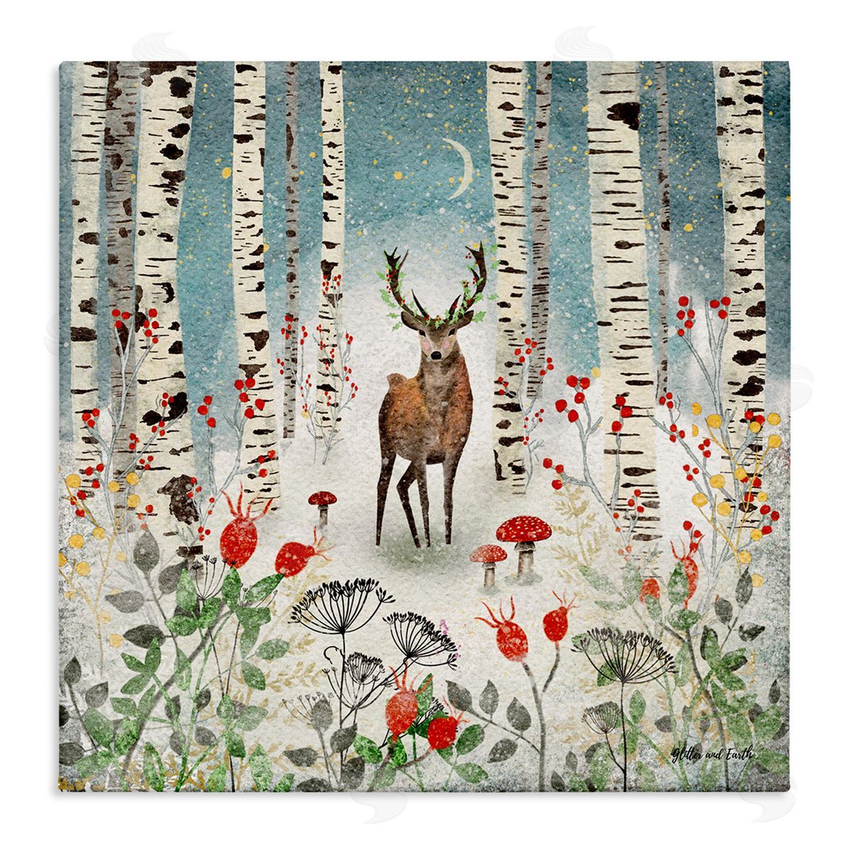 Jacqueline Wild Deer In Nighttime Birch Forest Stretched Canvas Wall Art Print