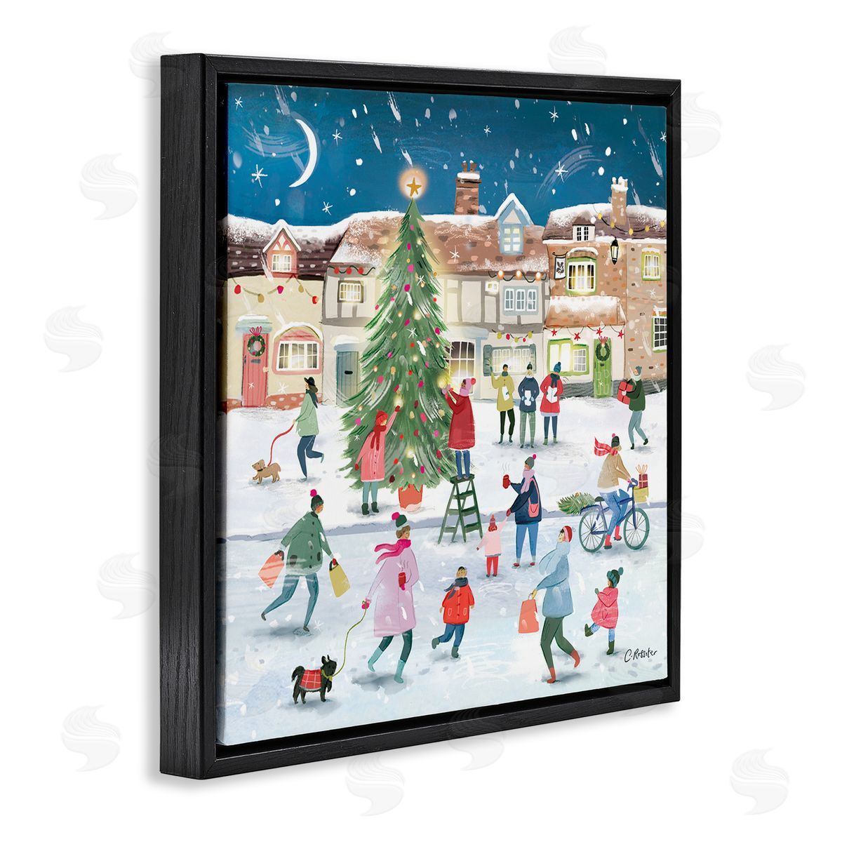 Clair Rossiter Christmas Tree Town Scene Black Floating Frame Canvas Wall Art Print