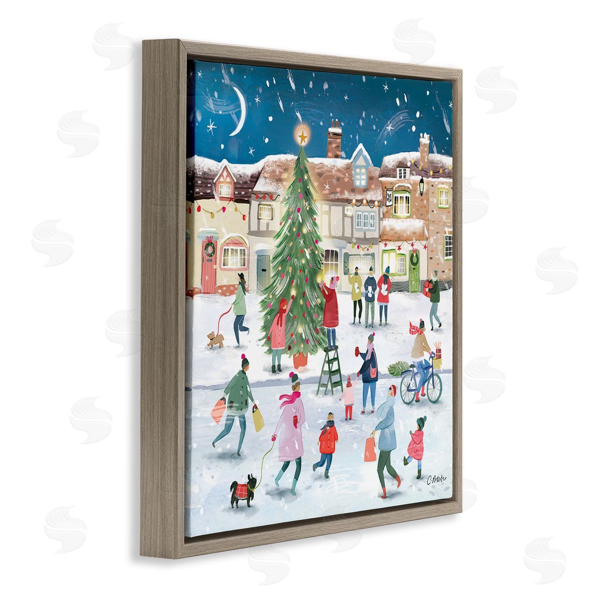 Clair Rossiter Christmas Tree Town Scene Brown Floating Frame Canvas Wall Art Print