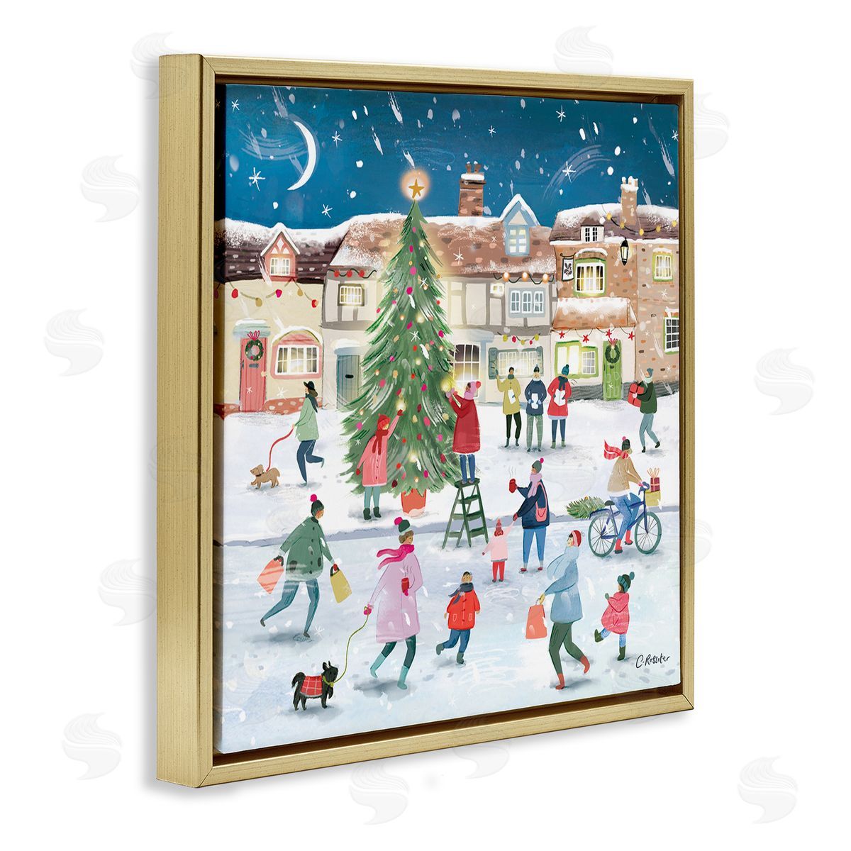 Clair Rossiter Christmas Tree Town Scene Gold Floating Frame Canvas Wall Art Print