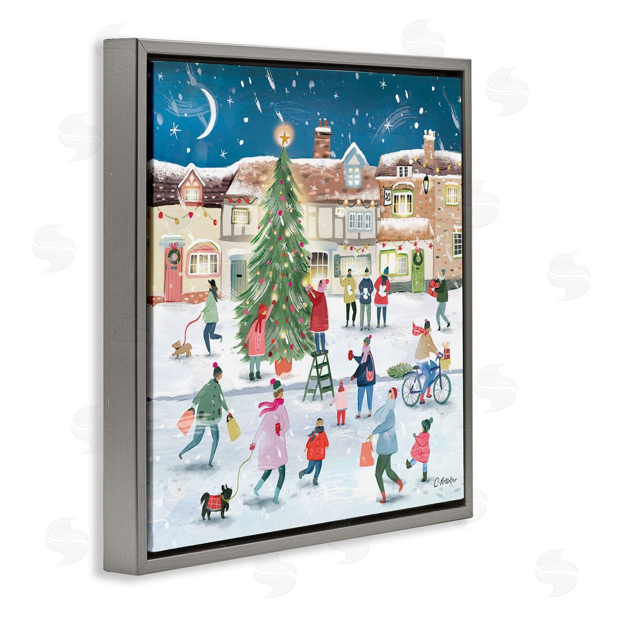 Clair Rossiter Christmas Tree Town Scene Gray Floating Frame Canvas Wall Art Print