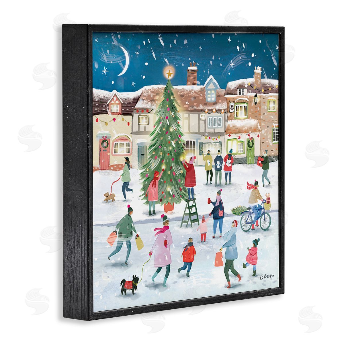 Clair Rossiter Christmas Tree Town Scene Black Framed Glicee Wall Art Print