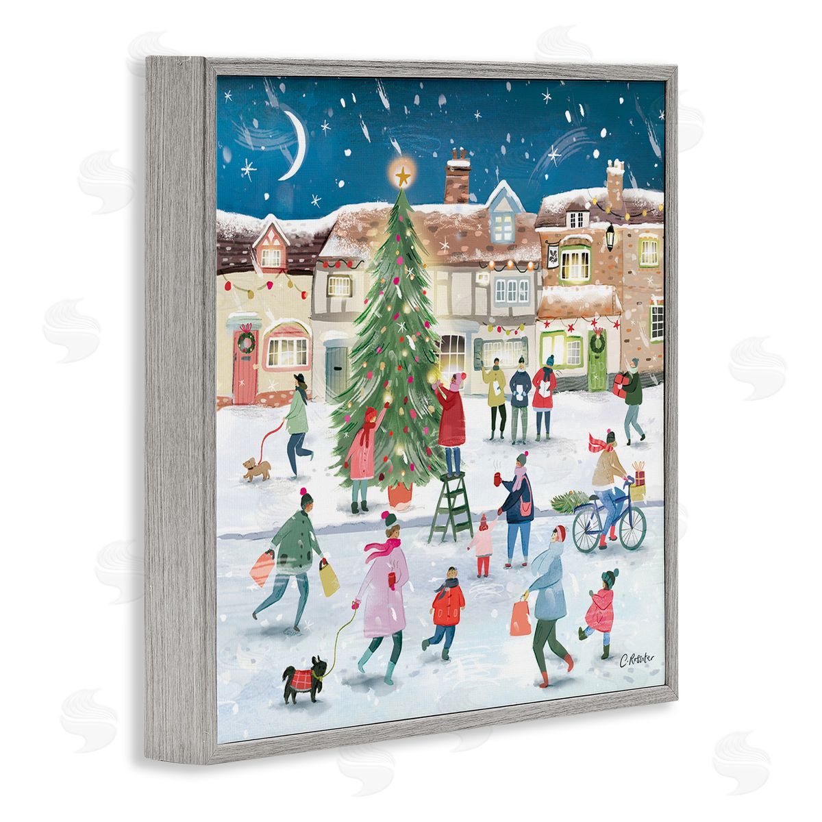 Clair Rossiter Christmas Tree Town Scene Gray Framed Glicee Wall Art Print