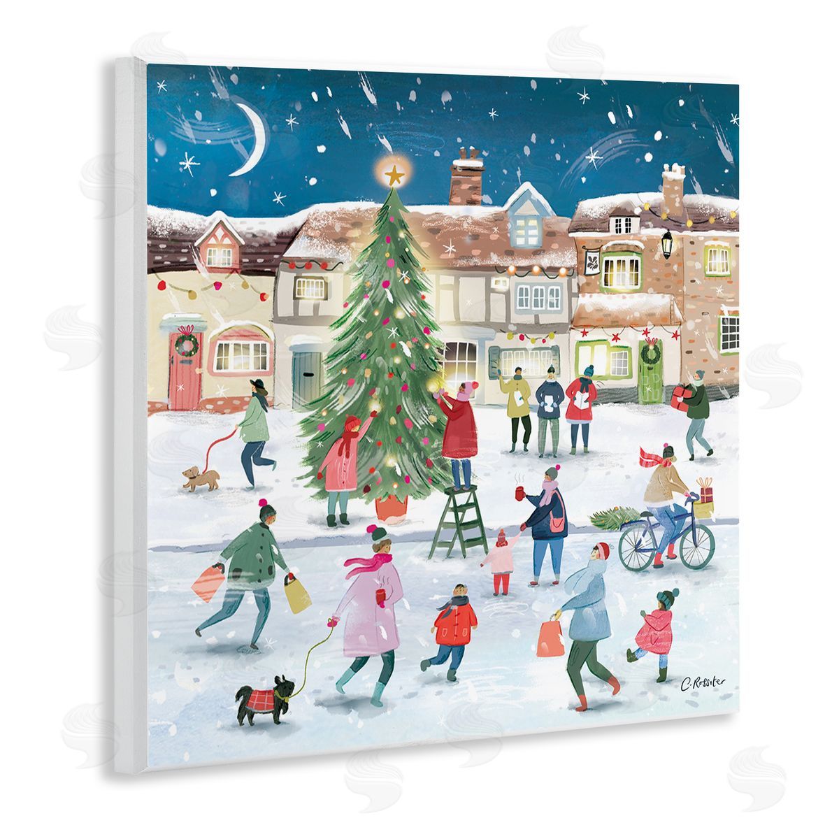 Clair Rossiter Christmas Tree Town Scene Wooden Wall Plaque Art Print