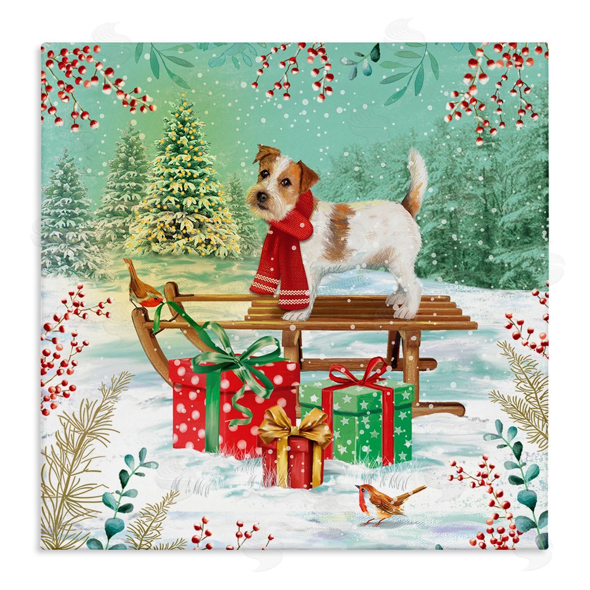 Jane Sunner Puppy On Sled Christmas Gifts Stretched Canvas Wall Art Print