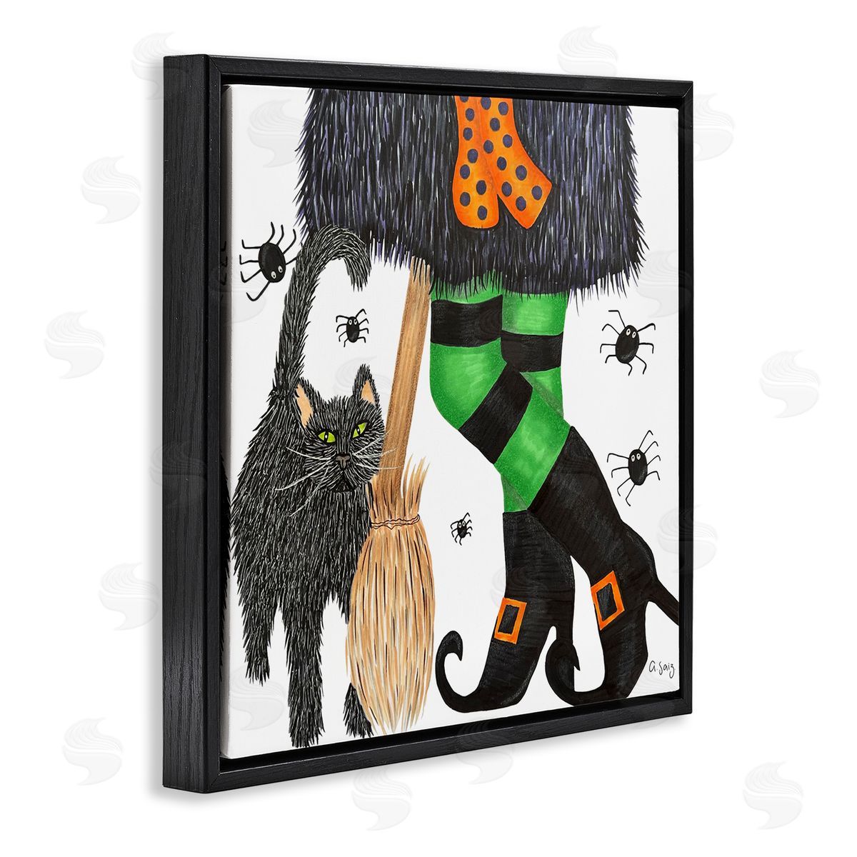Ale Saiz Studio Witch Broom Halloween Black Cat  Black Floating Frame Canvas Wall Art Print