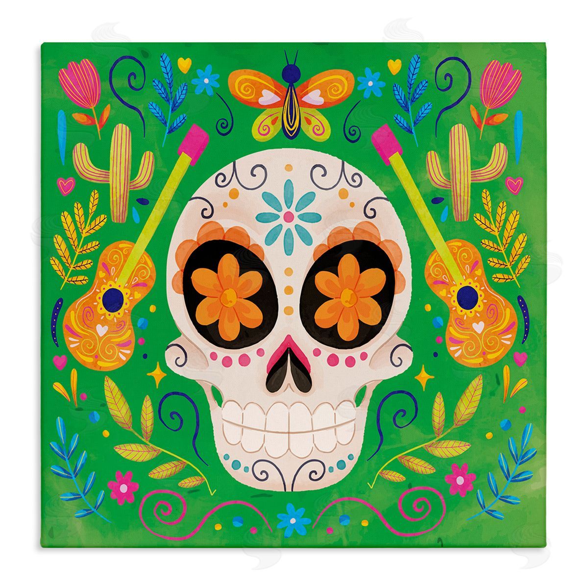 Nicole DeCamp Floral Day Of Dead Guitar Skull Stretched Canvas Wall Art Print