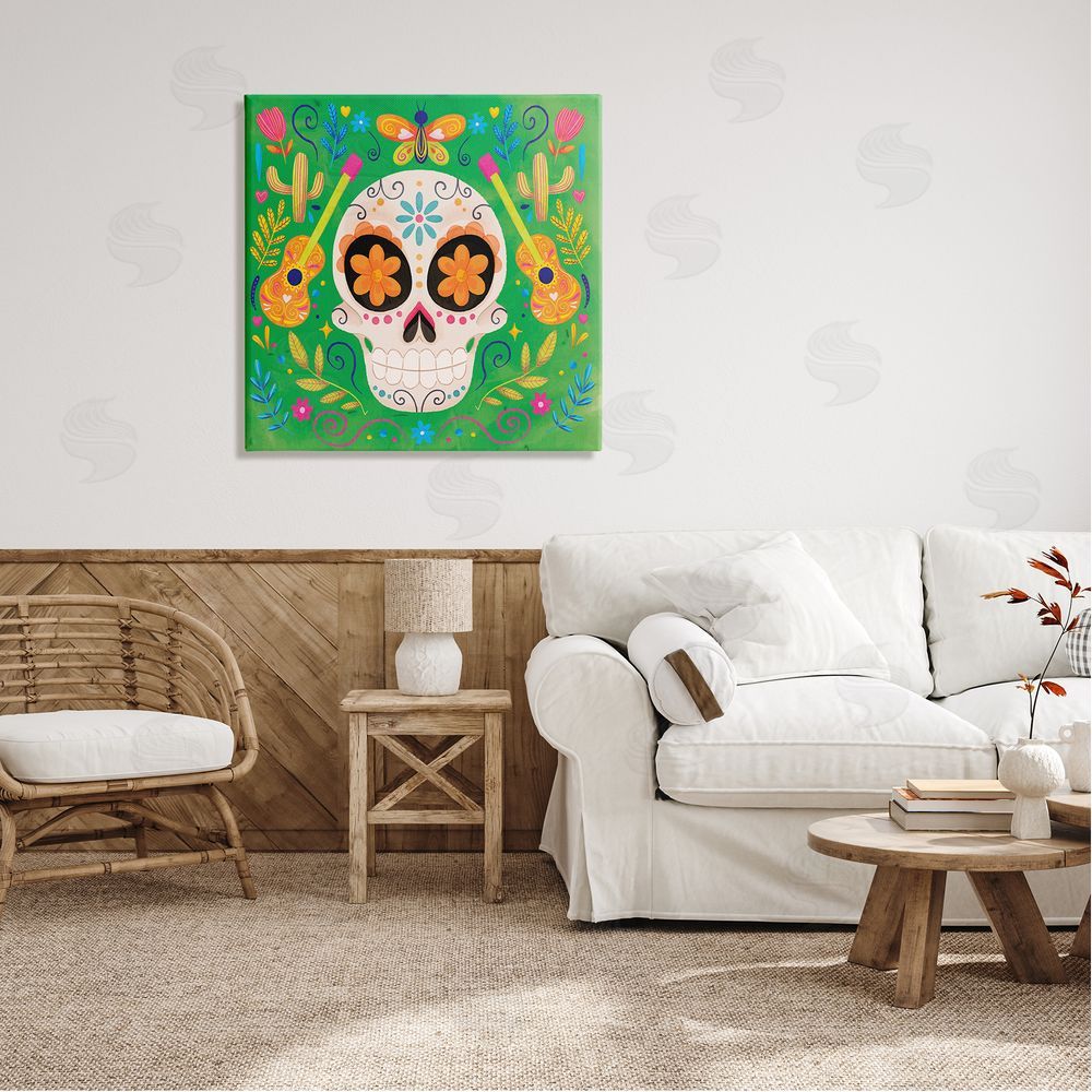 Nicole DeCamp Floral Day Of Dead Guitar Skull Canvas Wall Art in Room