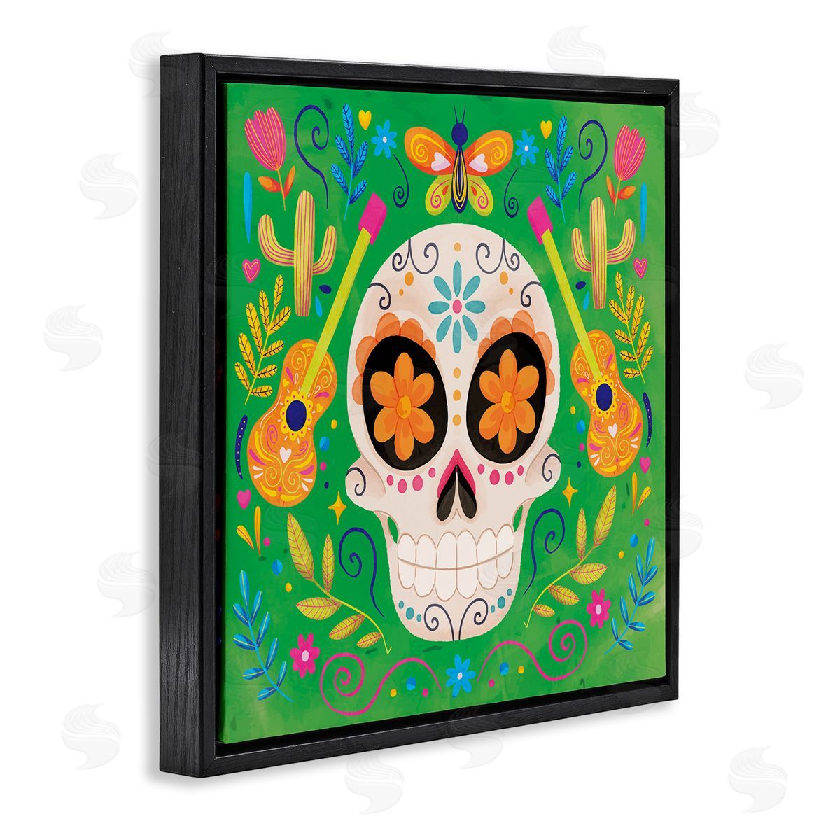 Nicole DeCamp Floral Day Of Dead Guitar Skull Black Floating Frame Canvas Wall Art Print