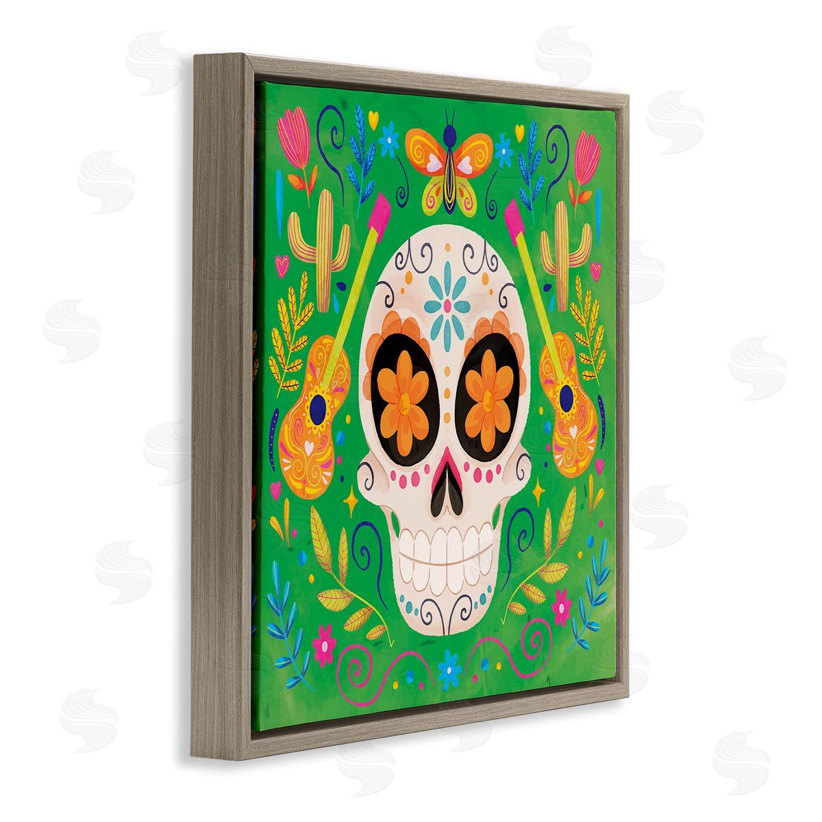 Nicole DeCamp Floral Day Of Dead Guitar Skull Brown Floating Frame Canvas Wall Art Print