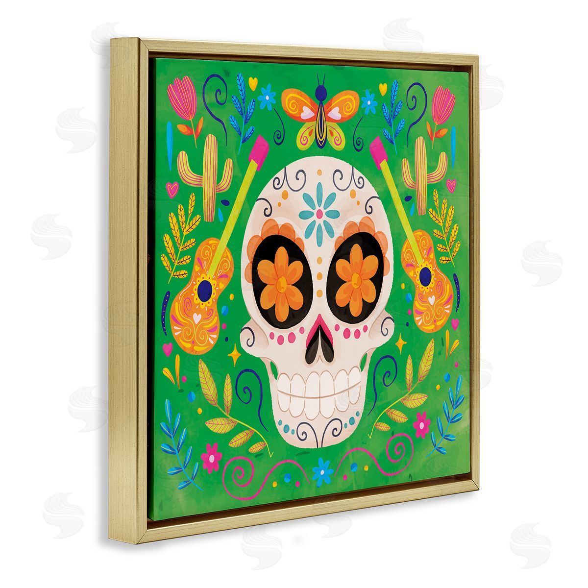 Nicole DeCamp Floral Day Of Dead Guitar Skull Gold Floating Frame Canvas Wall Art Print