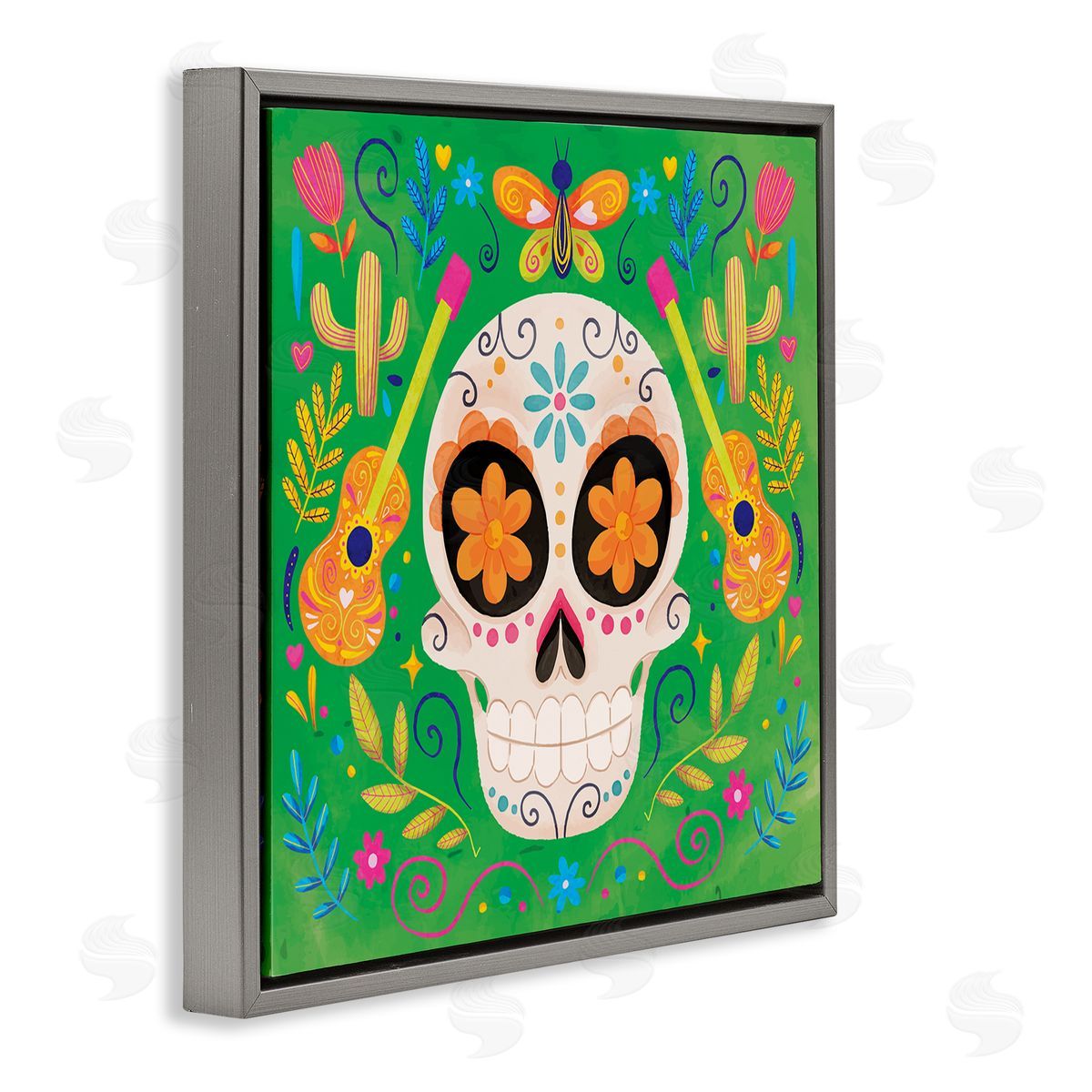 Nicole DeCamp Floral Day Of Dead Guitar Skull Gray Floating Frame Canvas Wall Art Print
