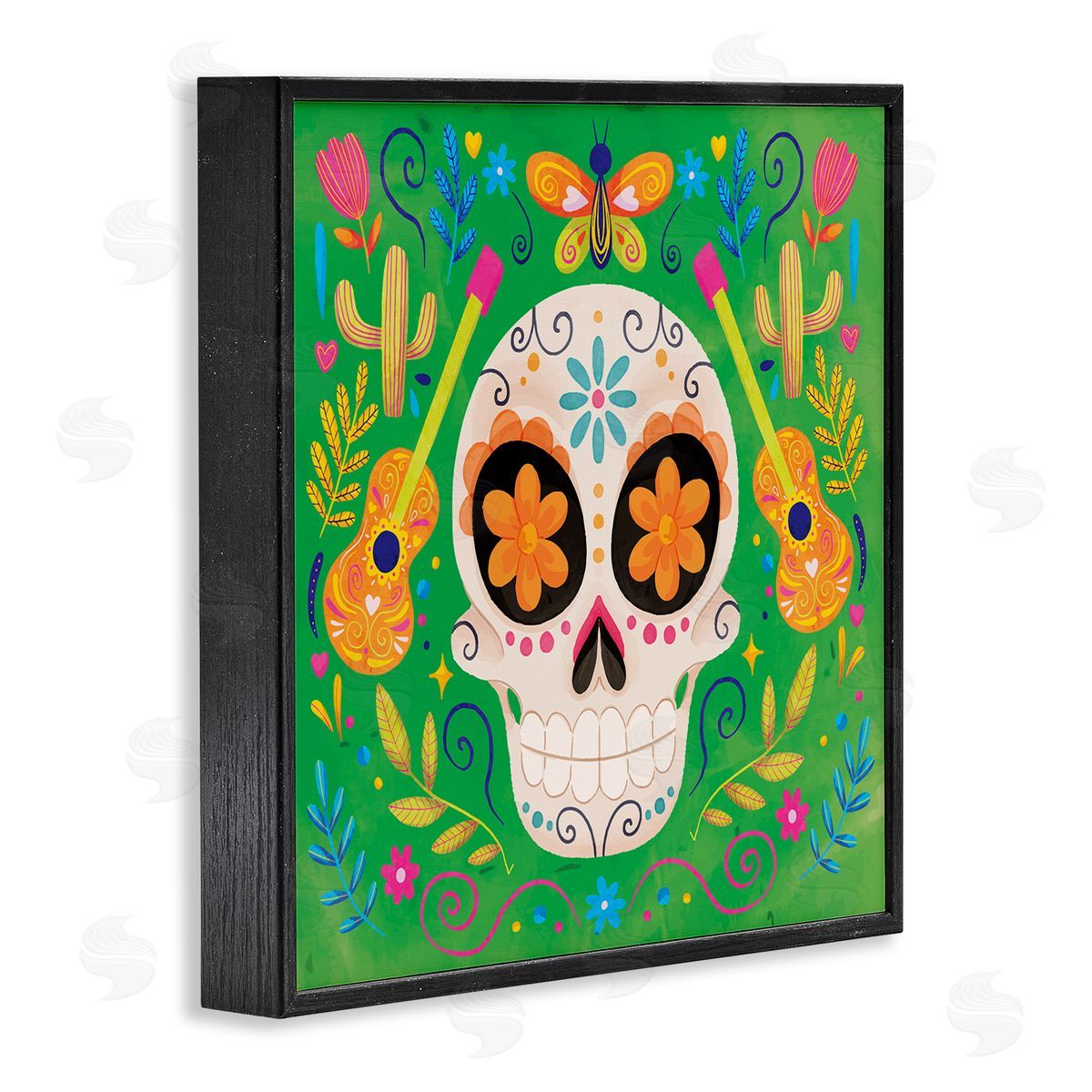 Nicole DeCamp Floral Day Of Dead Guitar Skull Black Framed Glicee Wall Art Print
