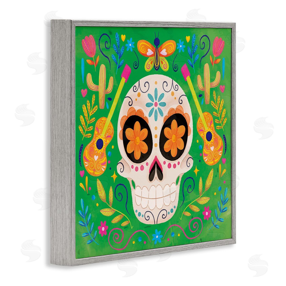 Nicole DeCamp Floral Day Of Dead Guitar Skull Gray Framed Glicee Wall Art Print