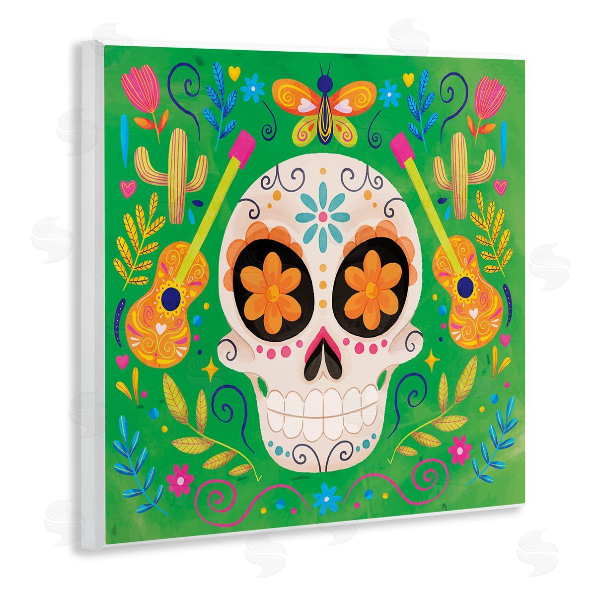 Nicole DeCamp Floral Day Of Dead Guitar Skull Wooden Wall Plaque Art Print