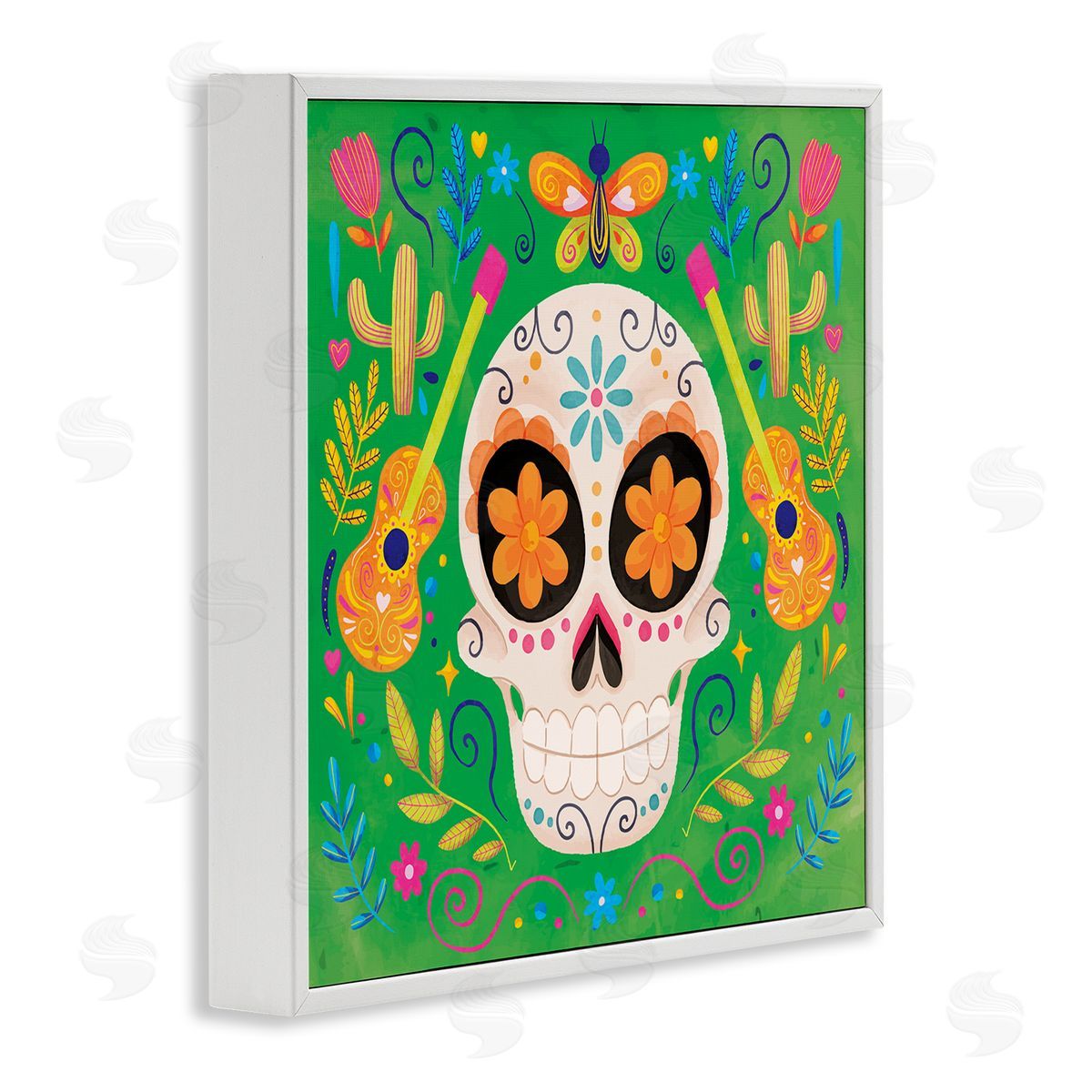 Nicole DeCamp Floral Day Of Dead Guitar Skull White Framed Glicee Wall Art Print