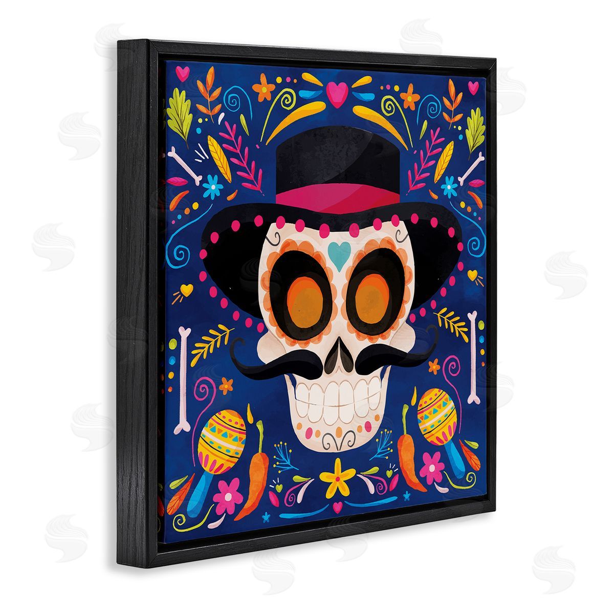 Nicole DeCamp Day Of Dead Patterned Skull Black Floating Frame Canvas Wall Art Print