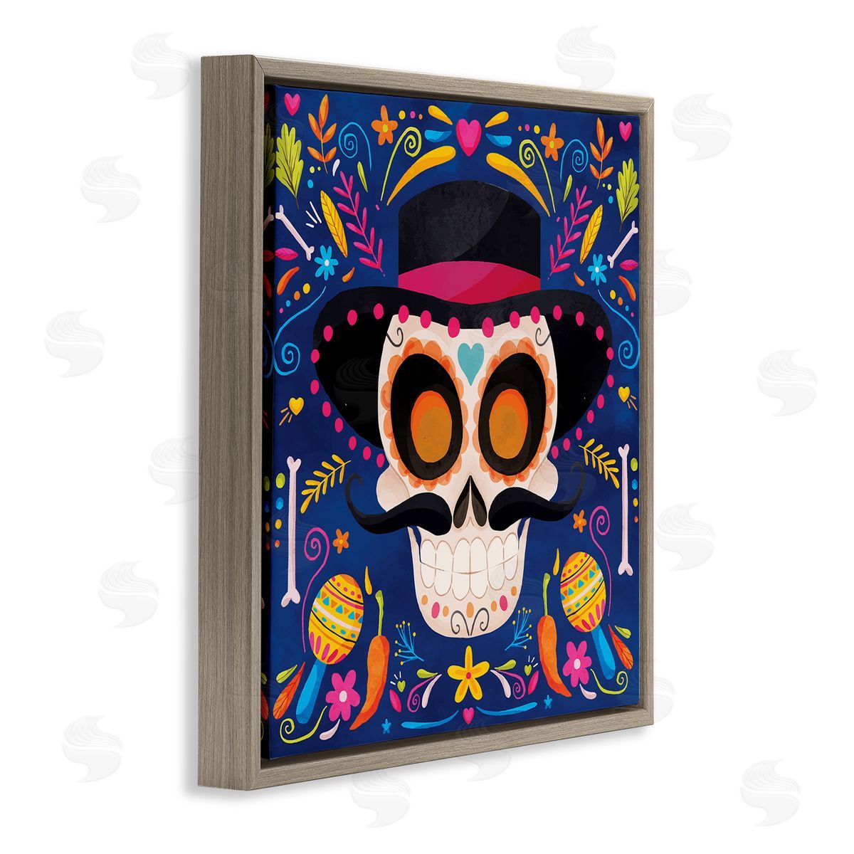 Nicole DeCamp Day Of Dead Patterned Skull Brown Floating Frame Canvas Wall Art Print