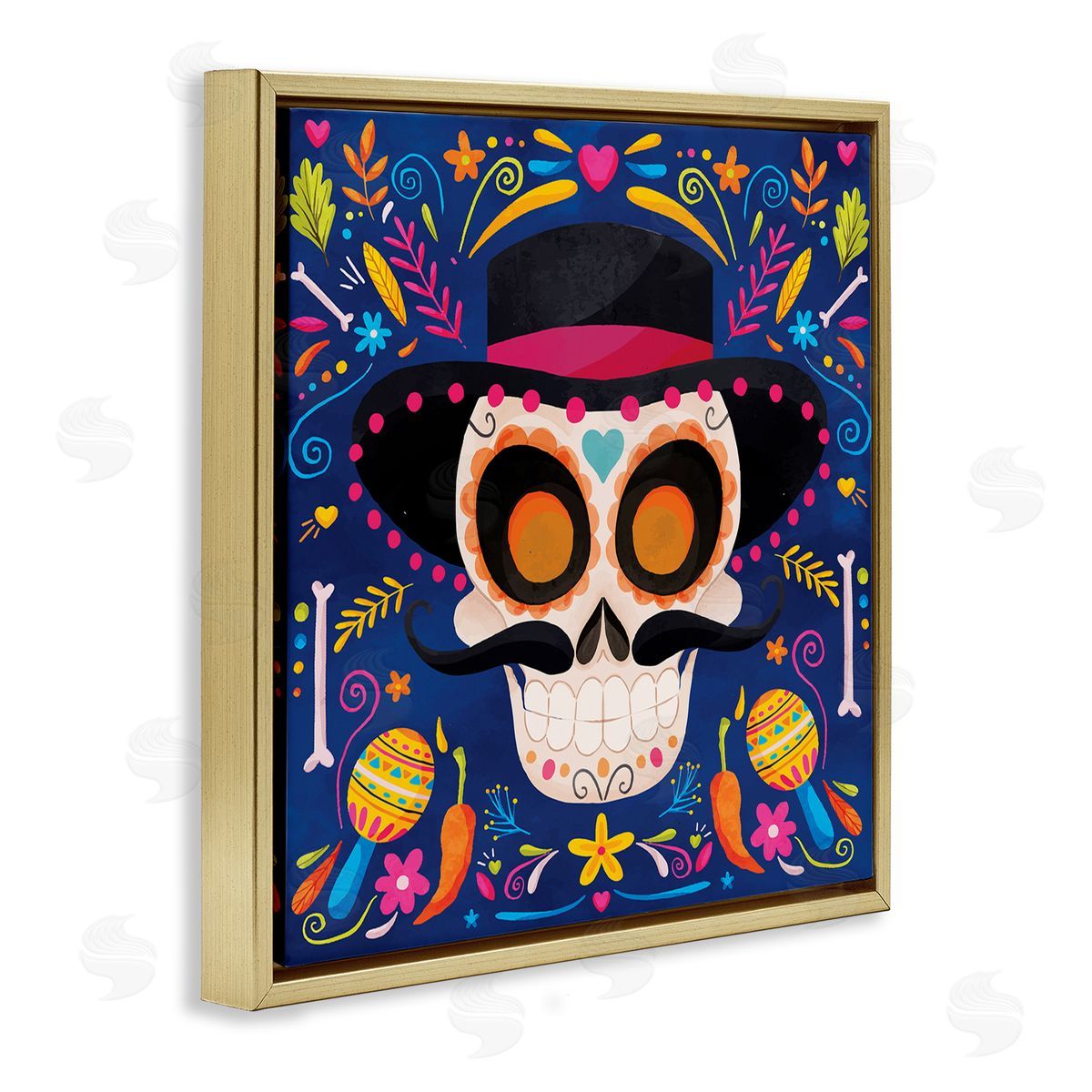 Nicole DeCamp Day Of Dead Patterned Skull Gold Floating Frame Canvas Wall Art Print