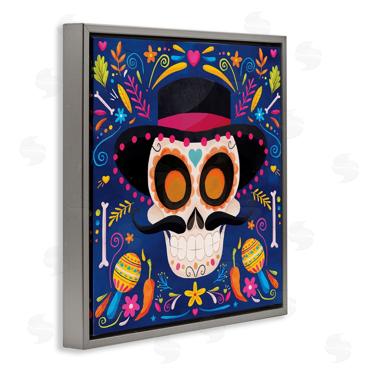 Nicole DeCamp Day Of Dead Patterned Skull Gray Floating Frame Canvas Wall Art Print
