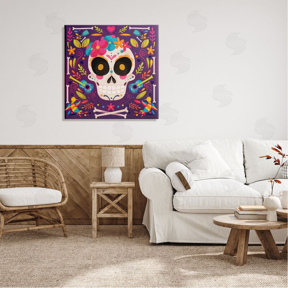 Nicole DeCamp Day Of Dead Floral Patterned Skull Canvas Wall Art in Room