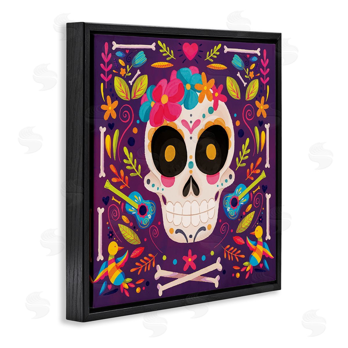 Nicole DeCamp Day Of Dead Floral Patterned Skull Black Floating Frame Canvas Wall Art Print