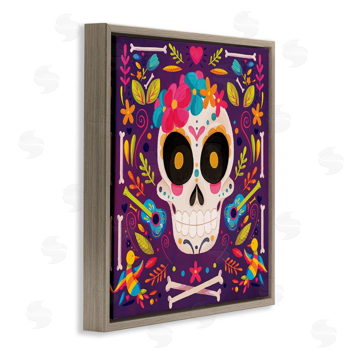 Nicole DeCamp Day Of Dead Floral Patterned Skull Brown Floating Frame Canvas Wall Art Print