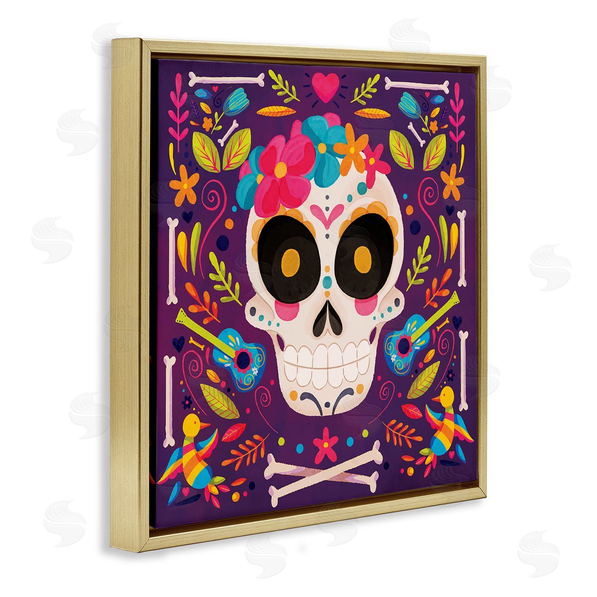Nicole DeCamp Day Of Dead Floral Patterned Skull Gold Floating Frame Canvas Wall Art Print