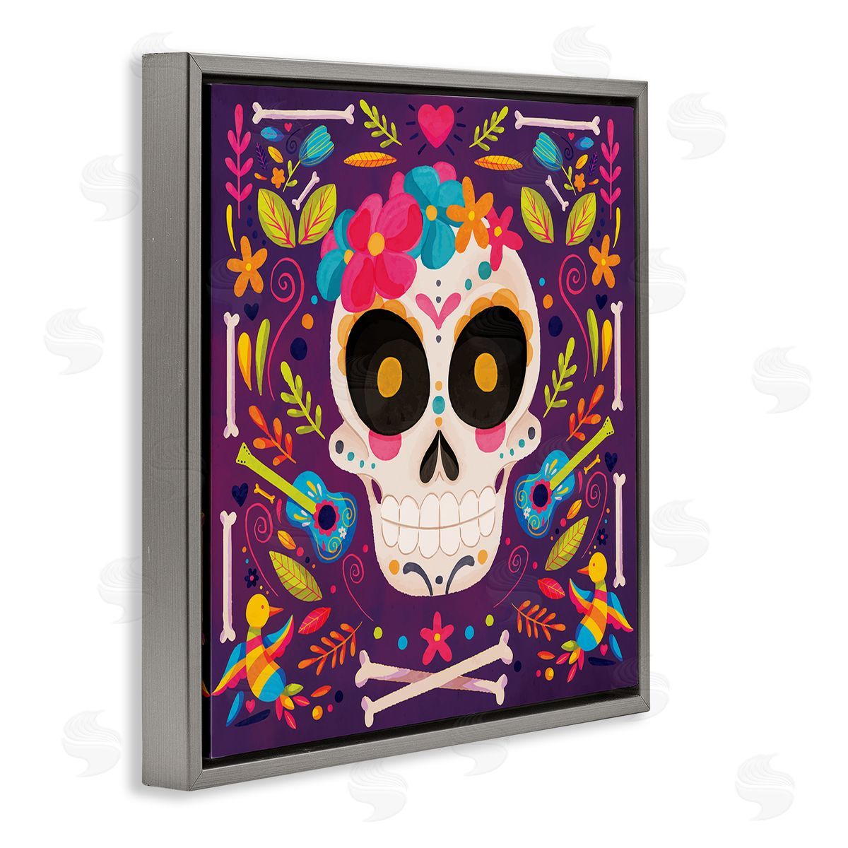 Nicole DeCamp Day Of Dead Floral Patterned Skull Gray Floating Frame Canvas Wall Art Print