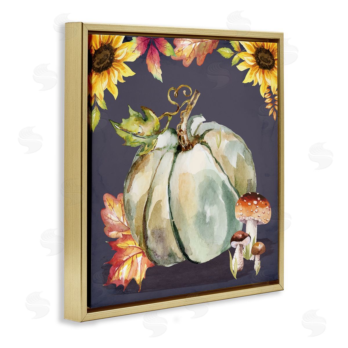 Nicole DeCamp Floral Autumn Pumpkin & Mushrooms Gold Floating Frame Canvas Wall Art Print