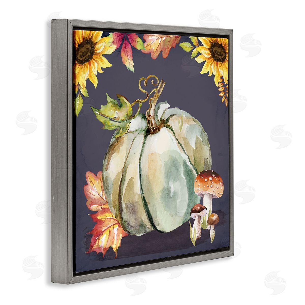 Nicole DeCamp Floral Autumn Pumpkin & Mushrooms Gray Floating Frame Canvas Wall Art Print