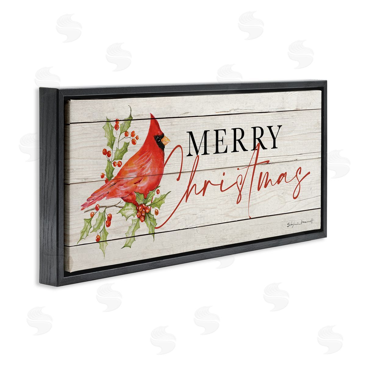 Stephanie Workman Marrott Merry Christmas Holiday Cardinal Black Floating Frame Canvas Wall Art Print
