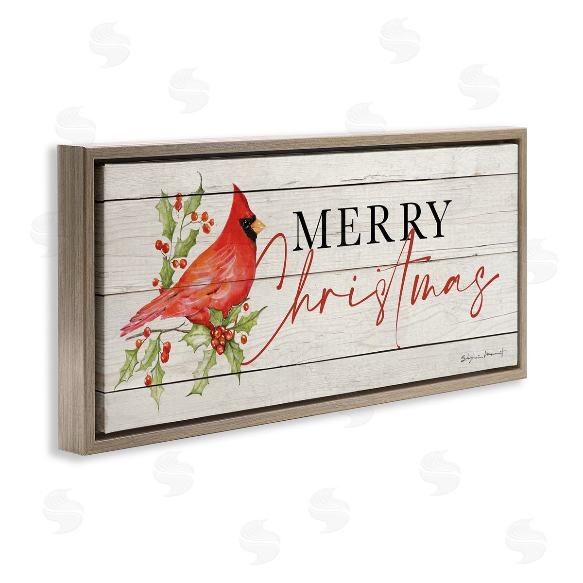 Stephanie Workman Marrott Merry Christmas Holiday Cardinal Brown Floating Frame Canvas Wall Art Print