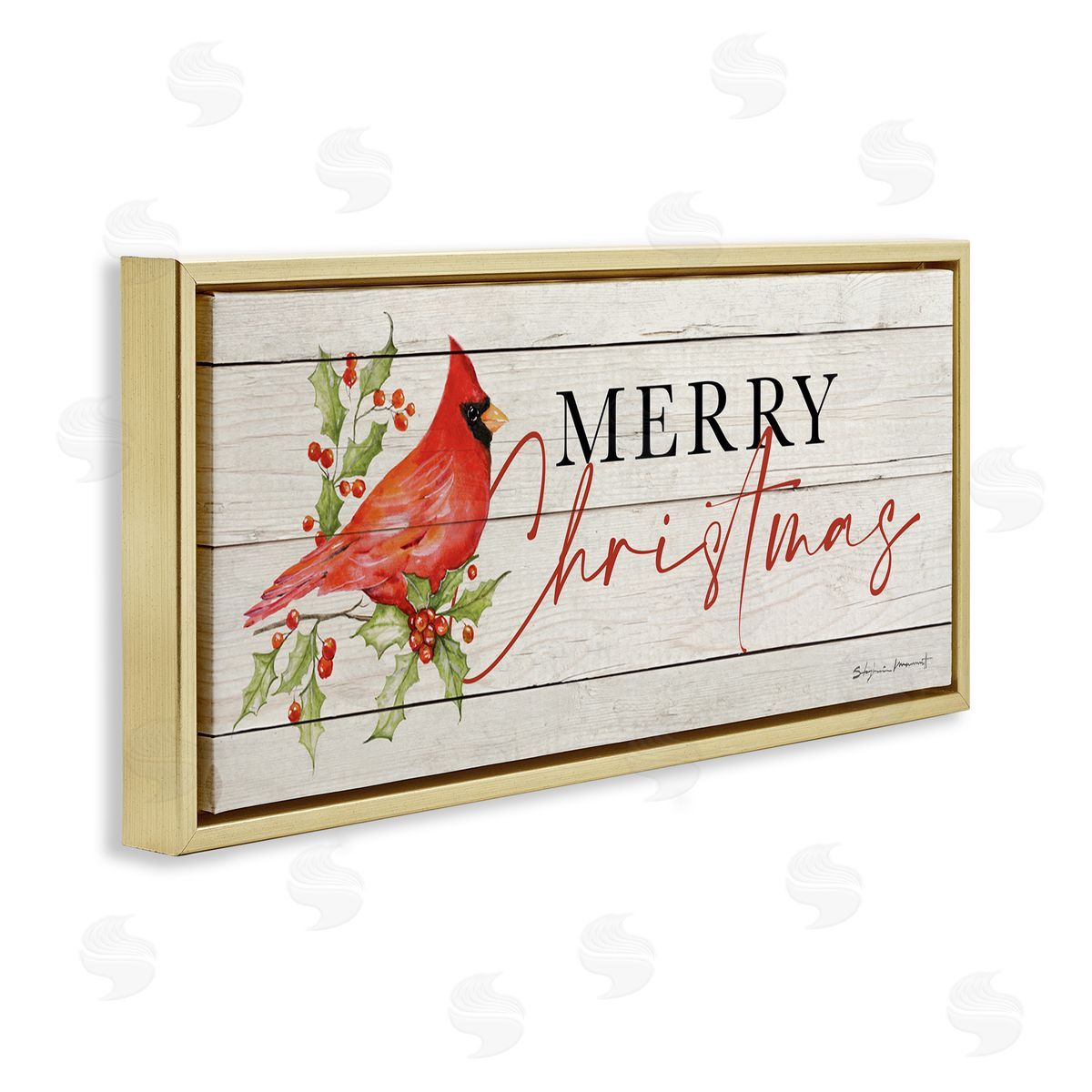Stephanie Workman Marrott Merry Christmas Holiday Cardinal Gold Floating Frame Canvas Wall Art Print