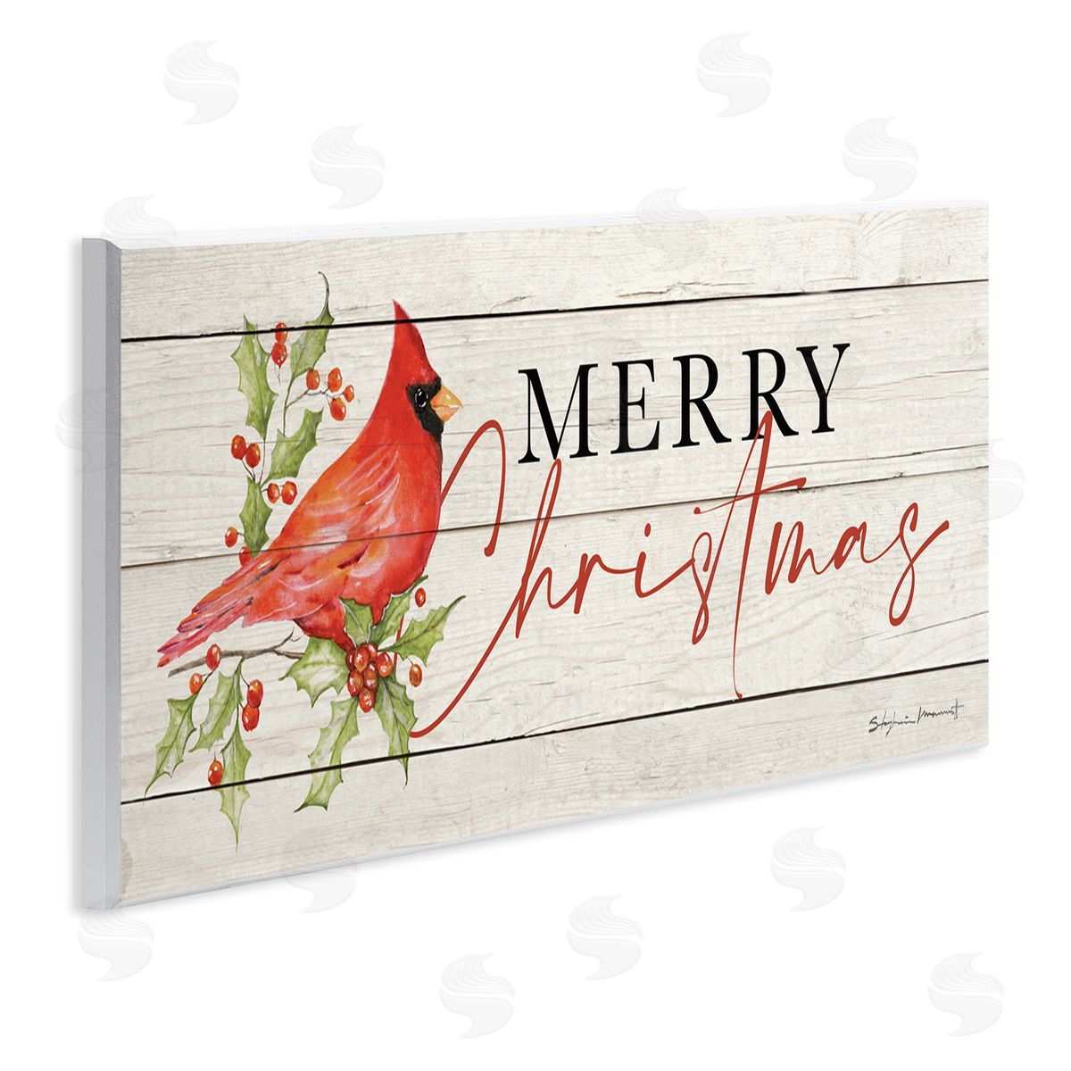 Stephanie Workman Marrott Merry Christmas Holiday Cardinal Wooden Wall Plaque Art Print