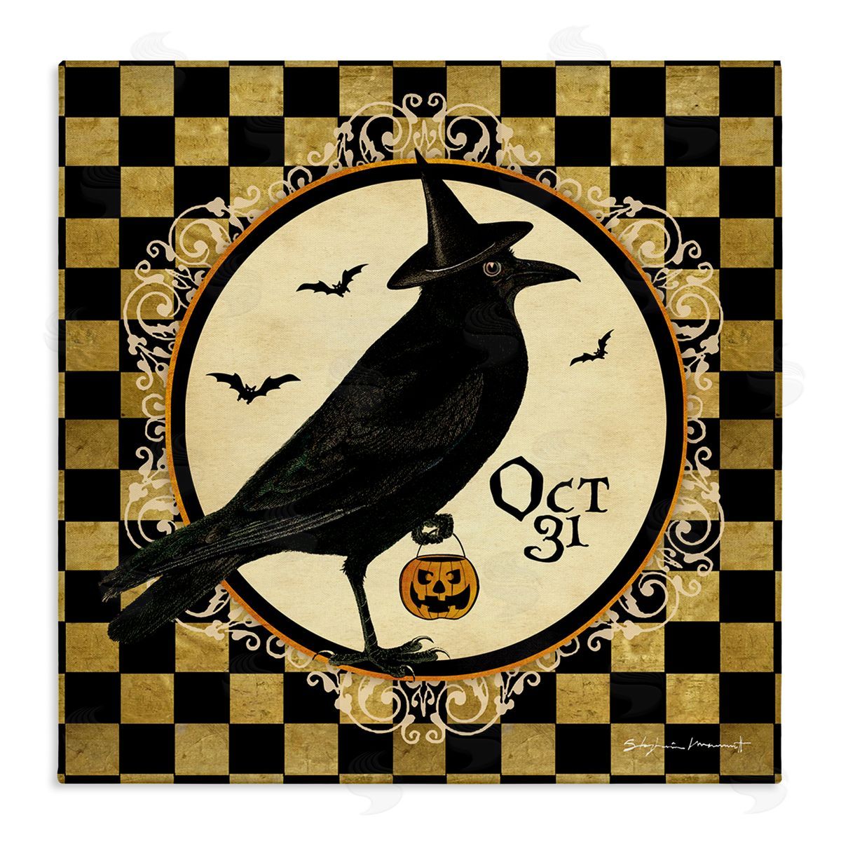 Stephanie Workman Marrott Oct 31 Checkered Halloween Crow Stretched Canvas Wall Art Print