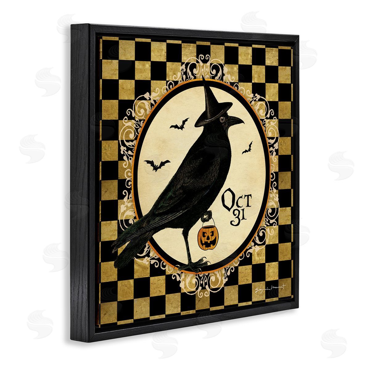 Stephanie Workman Marrott Oct 31 Checkered Halloween Crow Black Floating Frame Canvas Wall Art Print