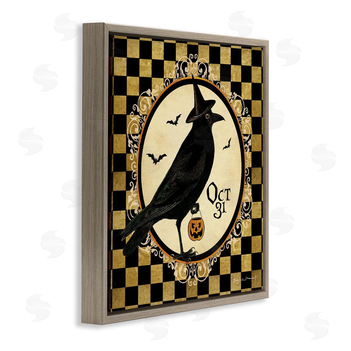 Stephanie Workman Marrott Oct 31 Checkered Halloween Crow Brown Floating Frame Canvas Wall Art Print