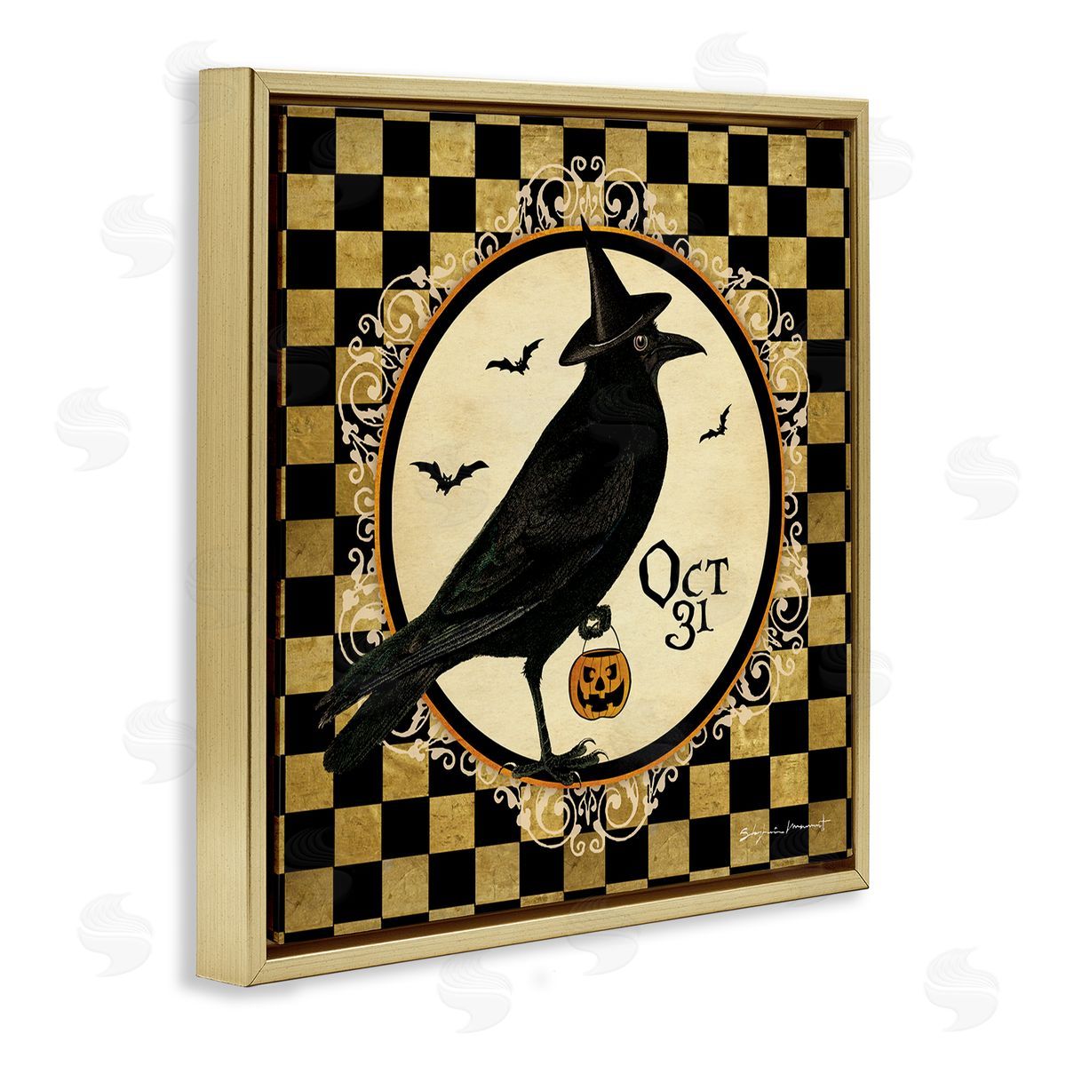 Stephanie Workman Marrott Oct 31 Checkered Halloween Crow Gold Floating Frame Canvas Wall Art Print