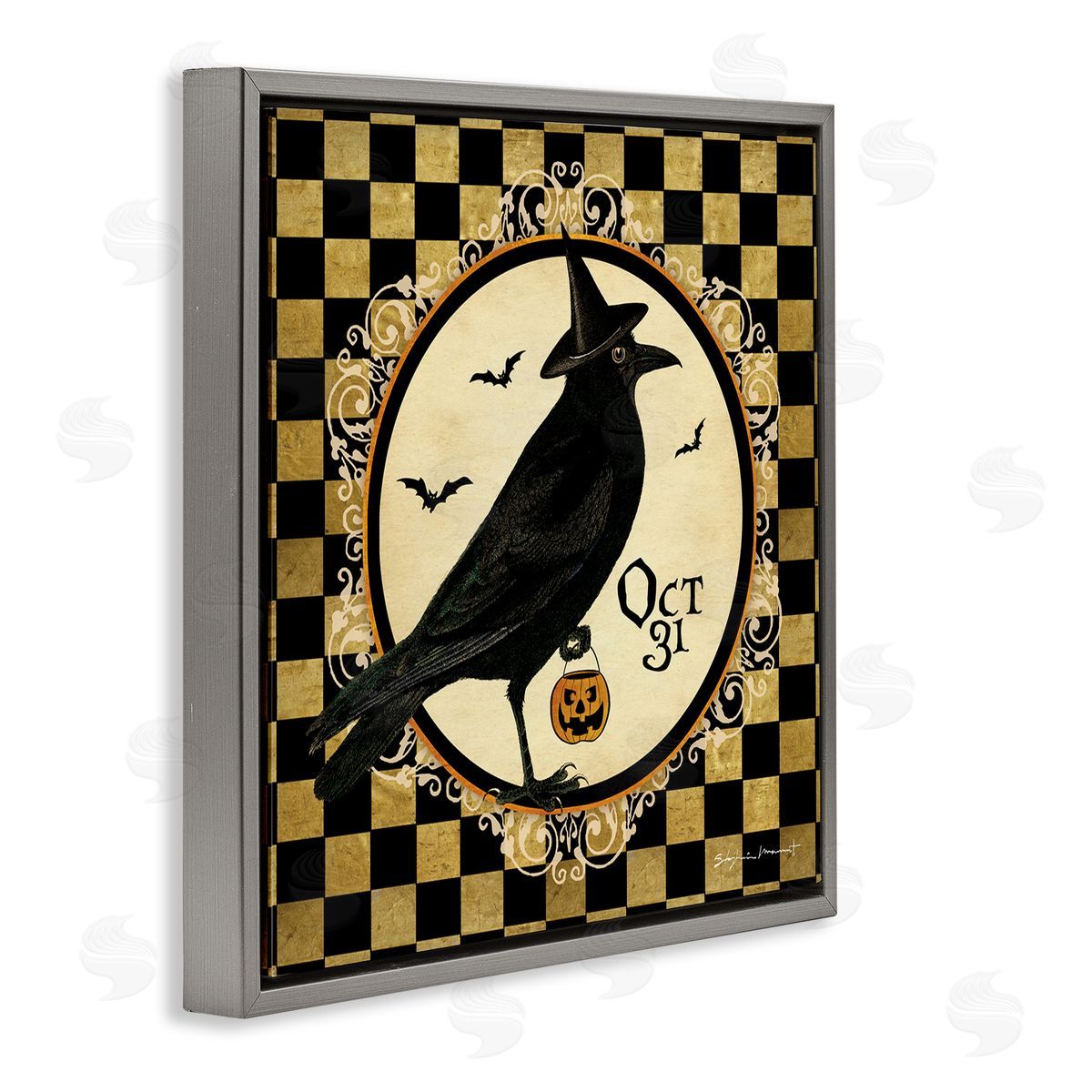 Stephanie Workman Marrott Oct 31 Checkered Halloween Crow Gray Floating Frame Canvas Wall Art Print