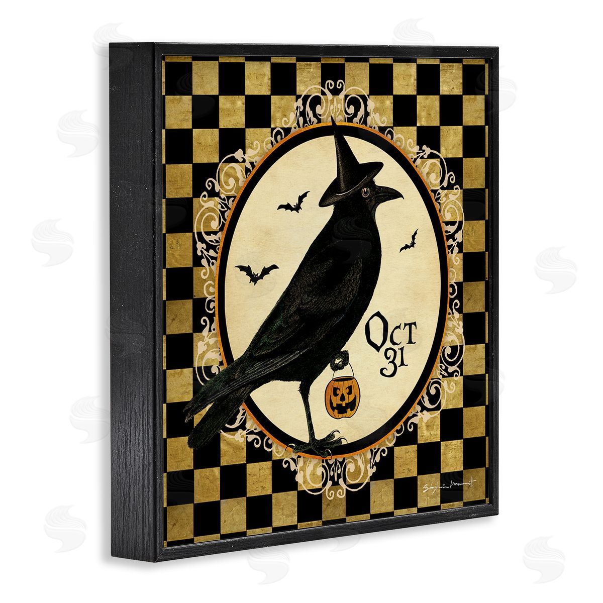 Stephanie Workman Marrott Oct 31 Checkered Halloween Crow Black Framed Glicee Wall Art Print