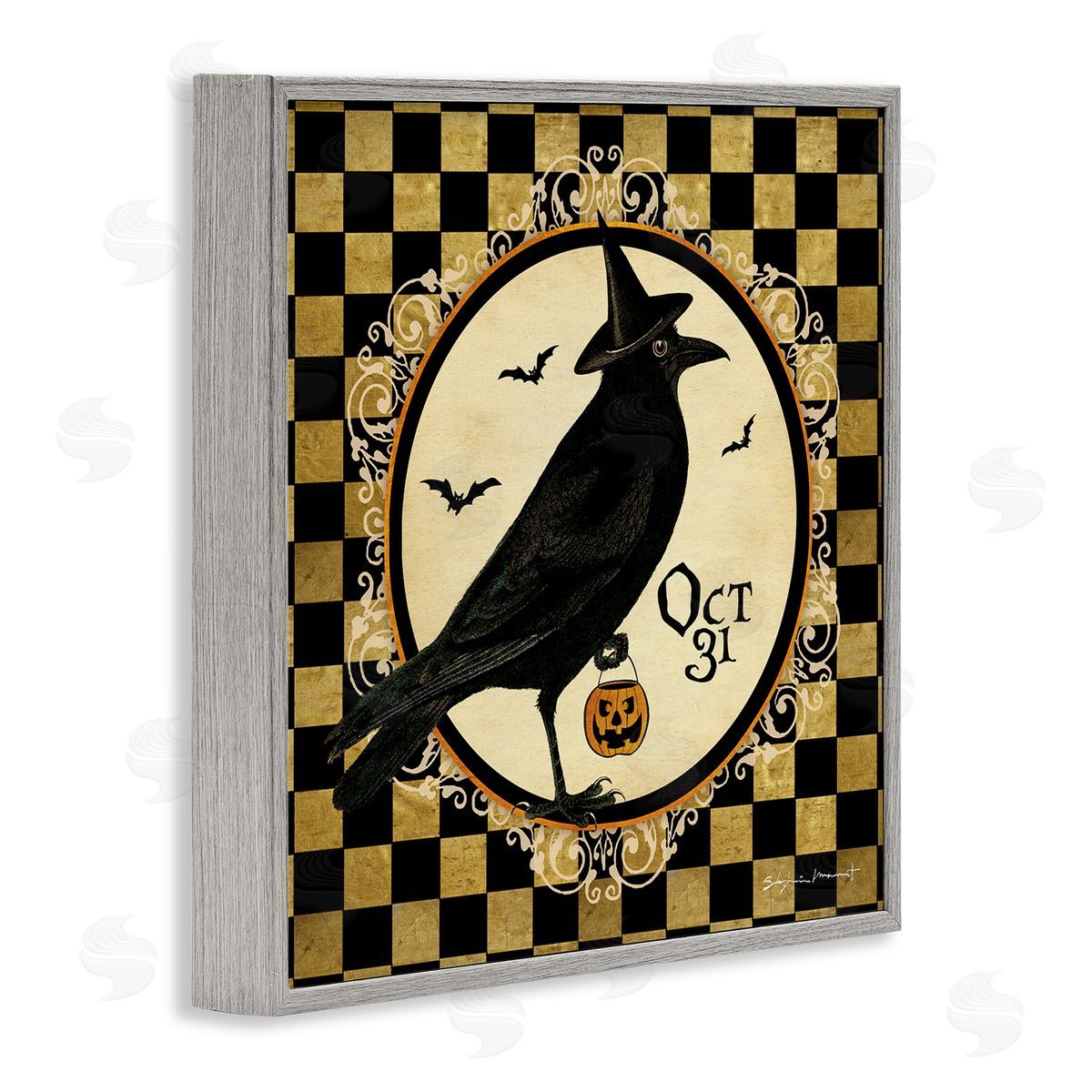 Stephanie Workman Marrott Oct 31 Checkered Halloween Crow Gray Framed Glicee Wall Art Print
