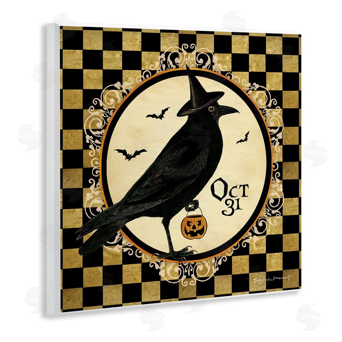 Stephanie Workman Marrott Oct 31 Checkered Halloween Crow Wooden Wall Plaque Art Print