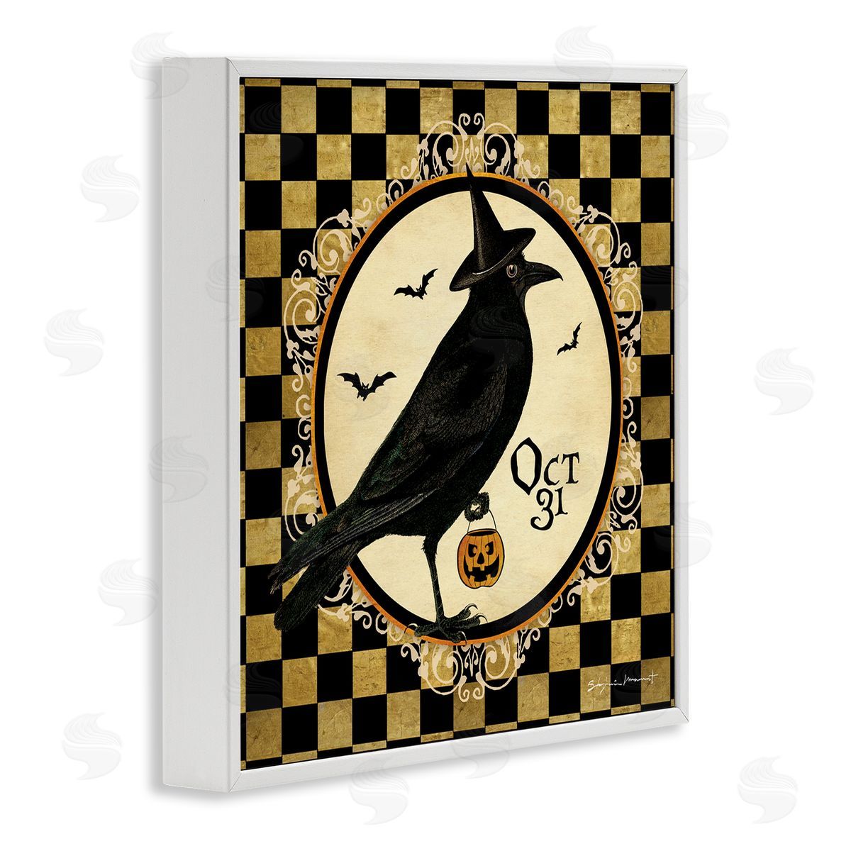 Stephanie Workman Marrott Oct 31 Checkered Halloween Crow White Framed Glicee Wall Art Print