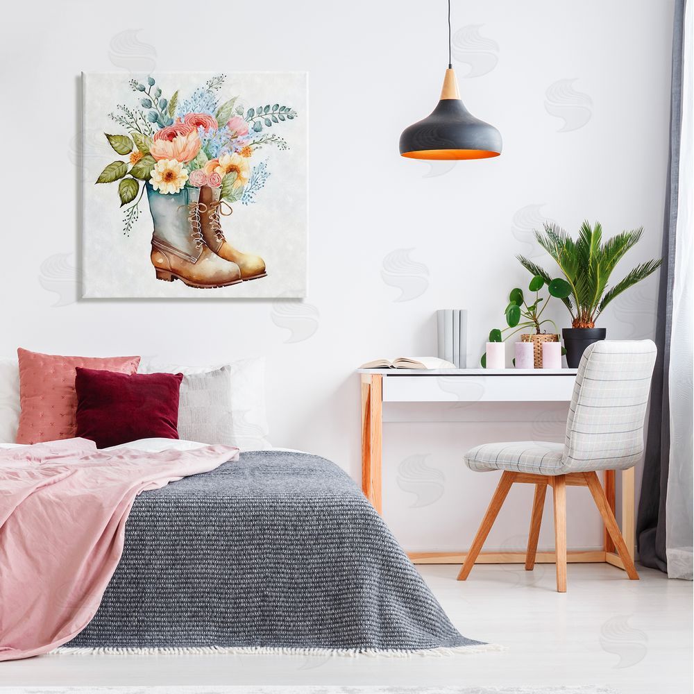 Ziwei Li Country Garden Boots Bouquet Canvas Wall Art in Room