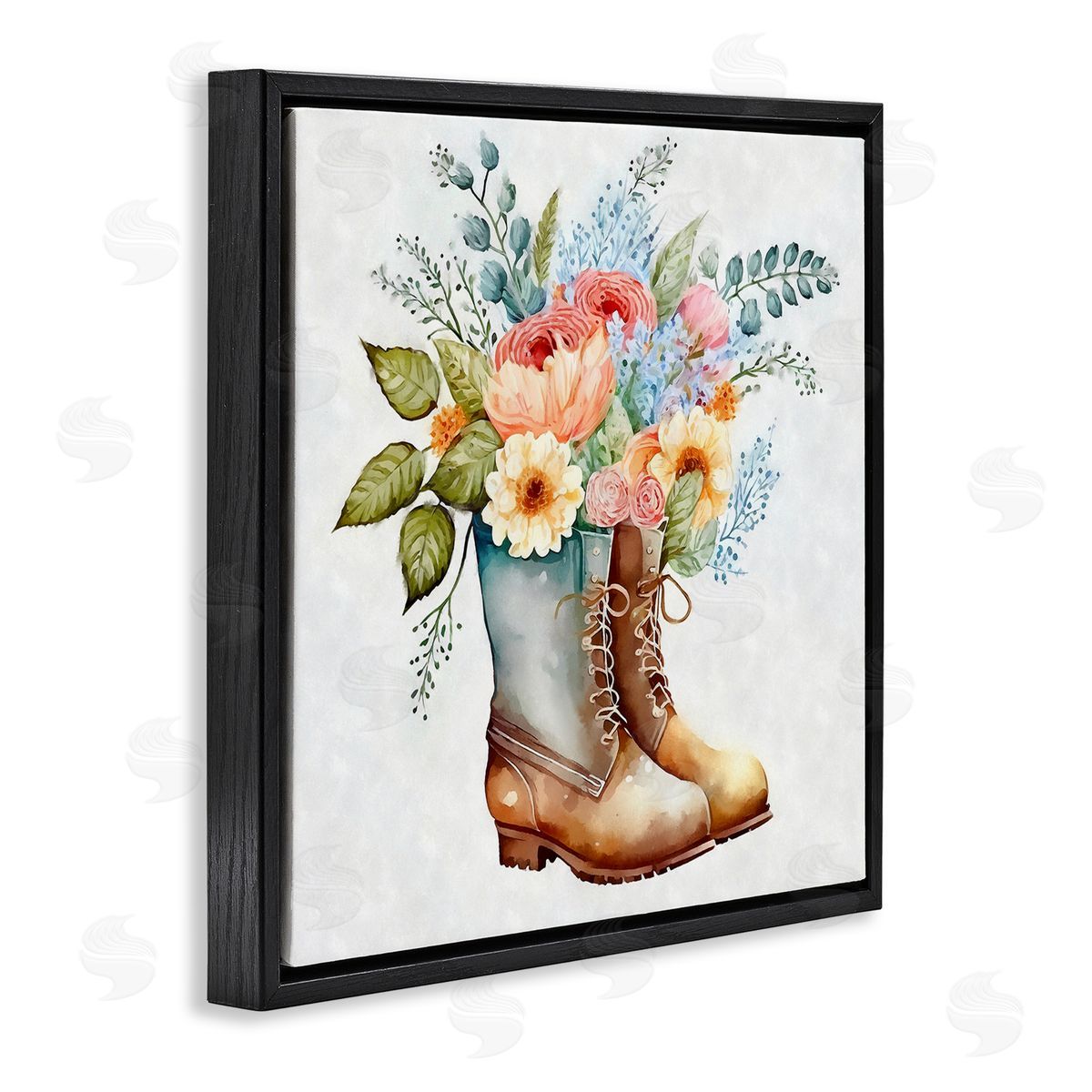 Ziwei Li Country Garden Boots Bouquet Black Floating Frame Canvas Wall Art Print