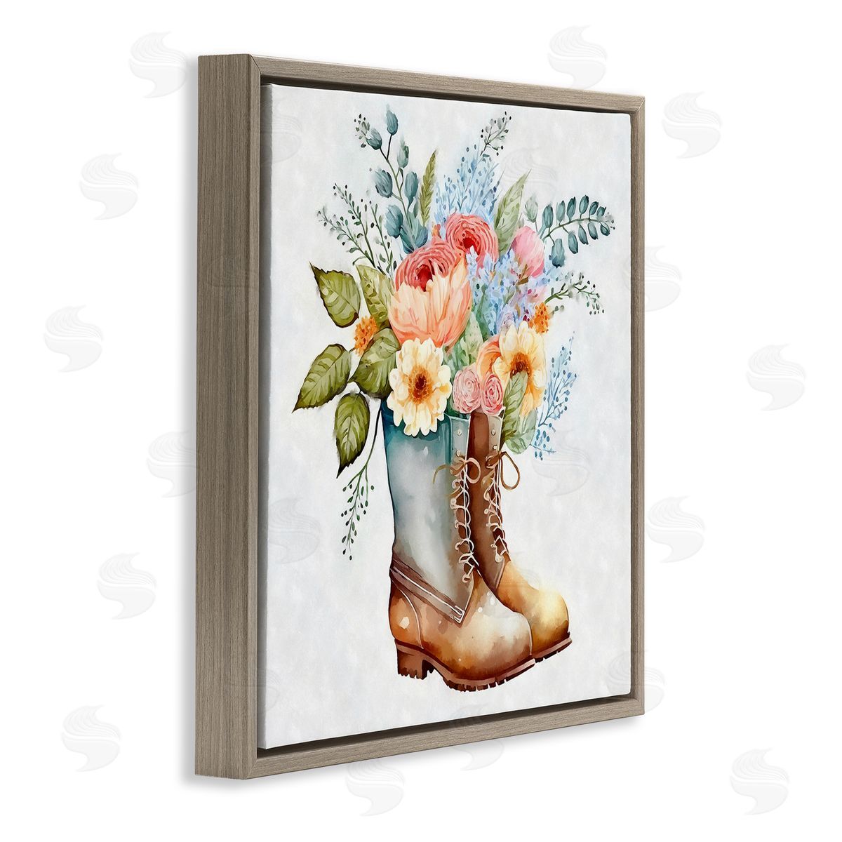 Ziwei Li Country Garden Boots Bouquet Brown Floating Frame Canvas Wall Art Print