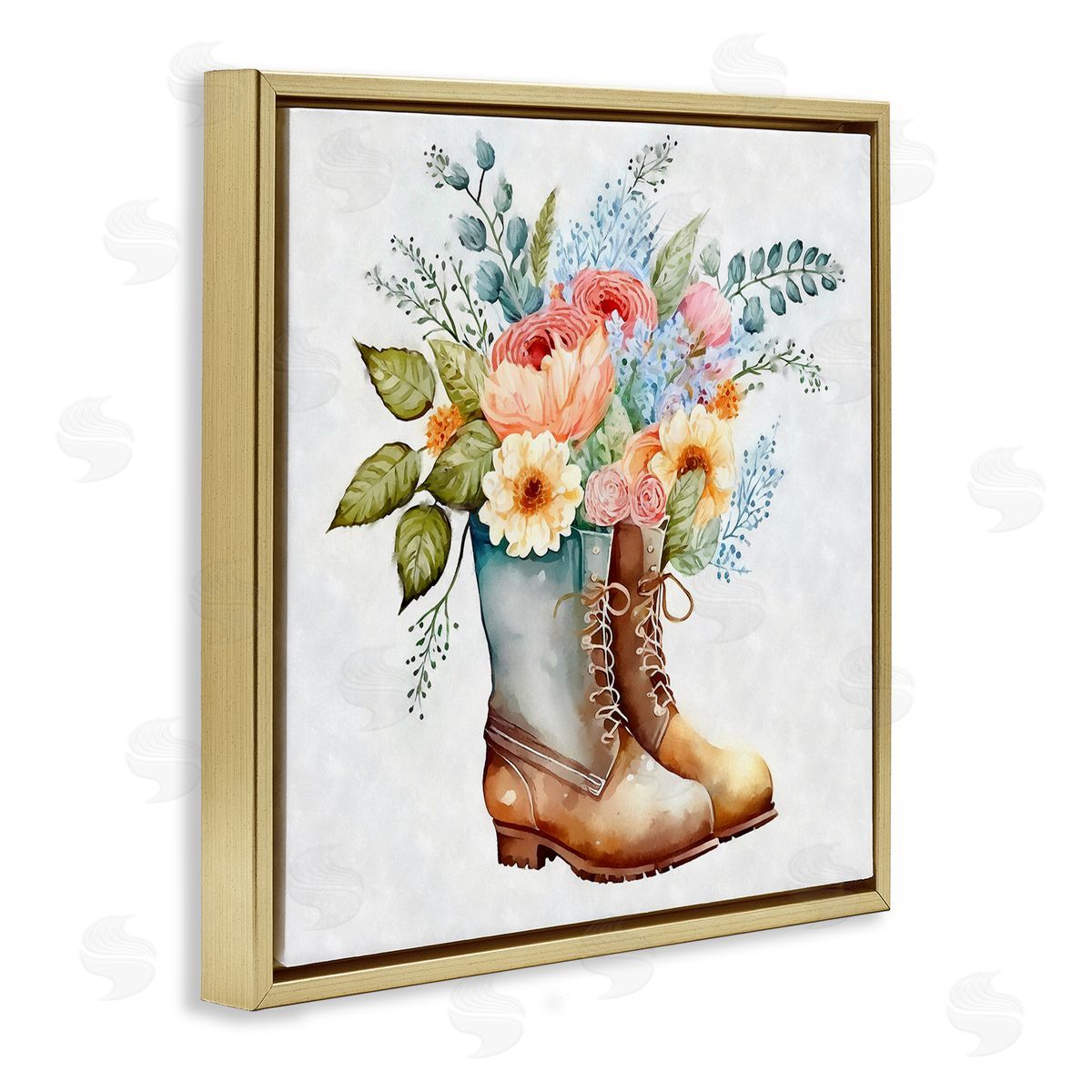 Ziwei Li Country Garden Boots Bouquet Gold Floating Frame Canvas Wall Art Print