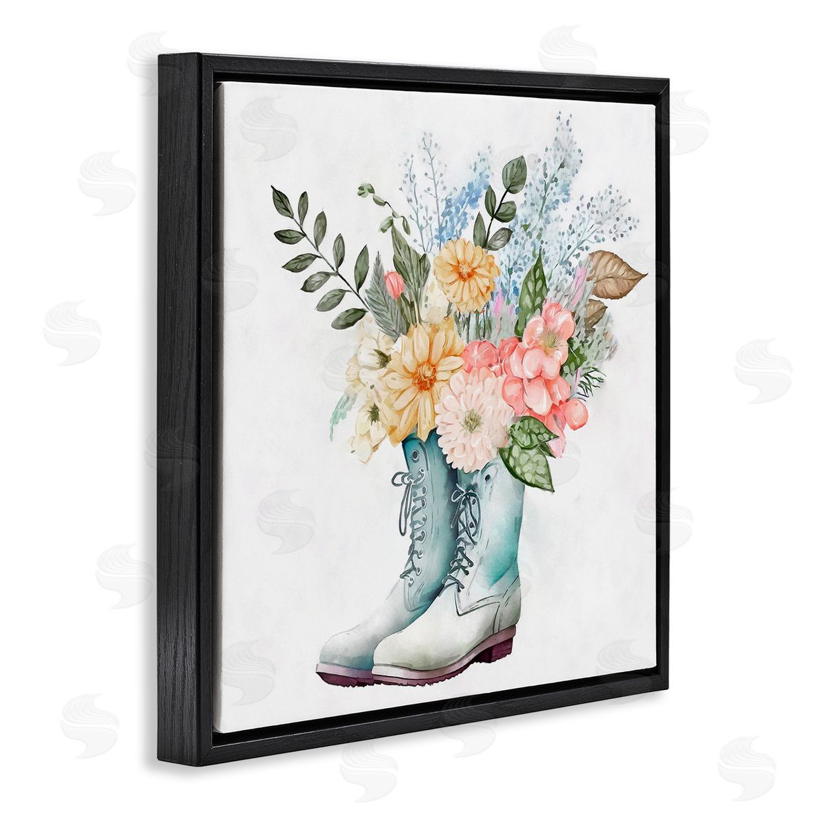 Ziwei Li Garden Boot Mixed Flower Bouquet Black Floating Frame Canvas Wall Art Print