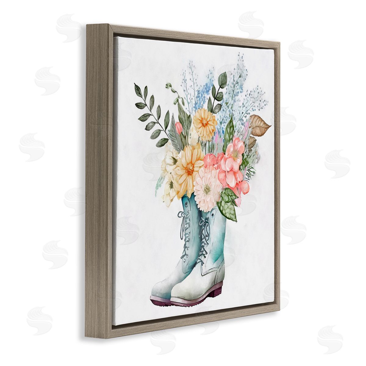 Ziwei Li Garden Boot Mixed Flower Bouquet Brown Floating Frame Canvas Wall Art Print